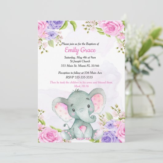 Invitation de baptême de fille éléphant à l'aquare (Debout devant)