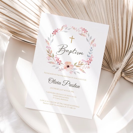 Invitation de baptême de fille florale bohème modi