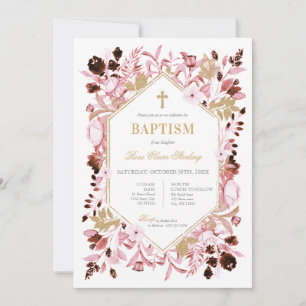 Invitation de baptême de fille florale rose et or