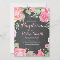 Invitation de baptême de fille rose florale