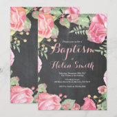 Invitation de baptême de fille rose florale (Devant / Derrière)
