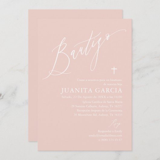 Invitation de baptême de fille rose poussiéreuse (Devant / Derrière)