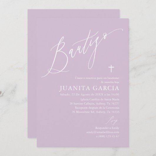 Invitation de baptême de fille violette (Devant / Derrière)
