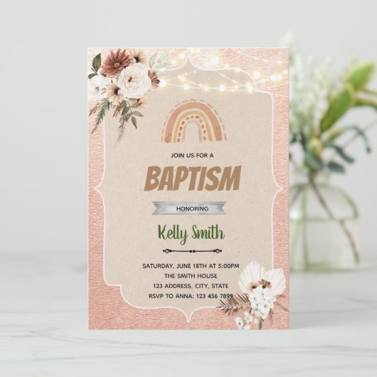 Invitation de baptême de fleur arc-en-ciel de Boho (Debout devant)
