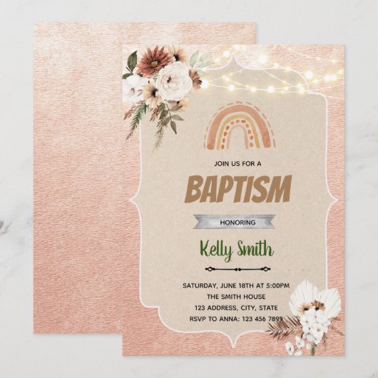 Invitation de baptême de fleur arc-en-ciel de Boho (Devant / Derrière)