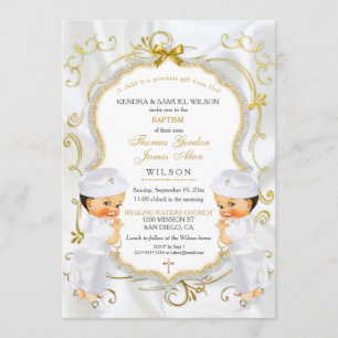 Invitation de baptême de jumeaux garçon croix or b