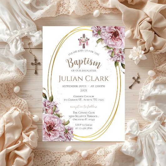 Invitation de baptême de petite fille aux fleurs r
