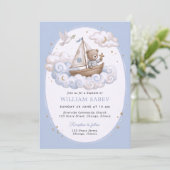 Invitation de baptême douce ours aquarelle bleue (Debout devant)