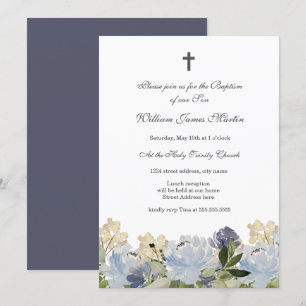 Invitation de baptême élégante à fleurs bleues