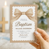 Invitation de baptême élégante avec nœud beige et 