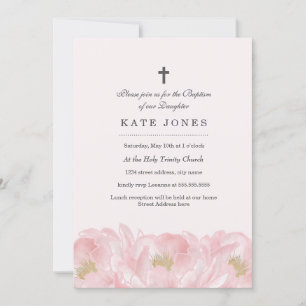 Invitation de baptême élégante rose paeonie