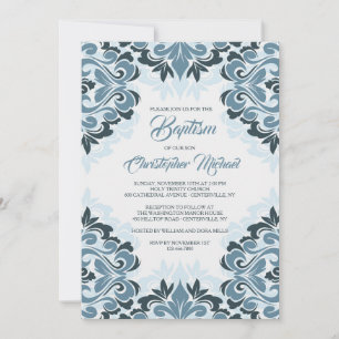Invitation de baptême en damas bleu