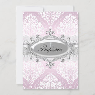Invitation de baptême en Damassé Rose et Croix de 