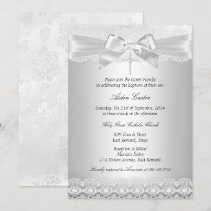 Invitation de baptême en dentelle argentée et croi