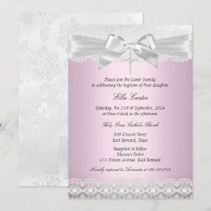 Invitation de baptême en dentelle rose Pretty