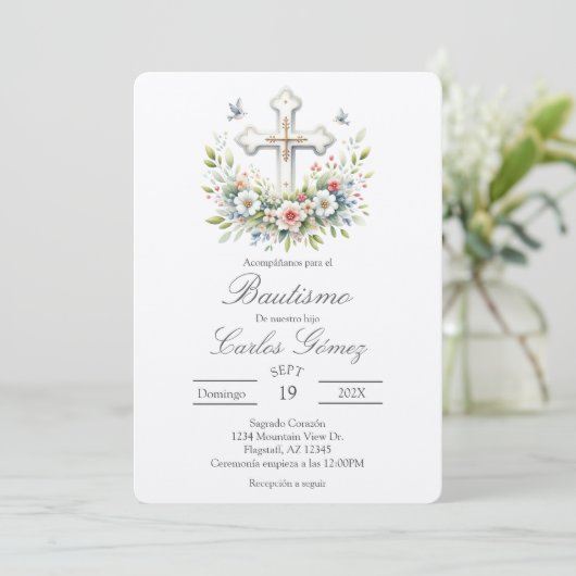 Invitation de baptême en espagnol avec croix (Debout devant)