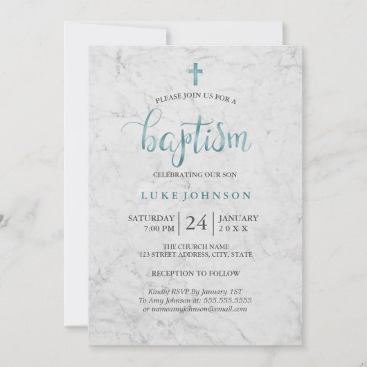 Invitation de baptême en marbre bleu moderne (Devant)
