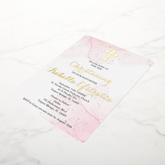 Invitation de baptême en marbre rose et or foil (Rotation)