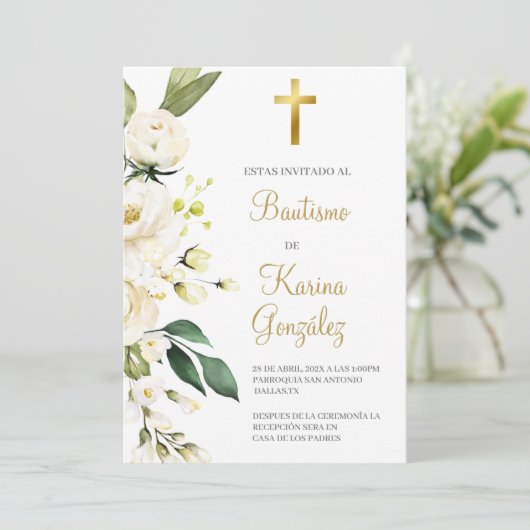 Invitation de Baptême Espagnol à fleurs blanches (Debout devant)