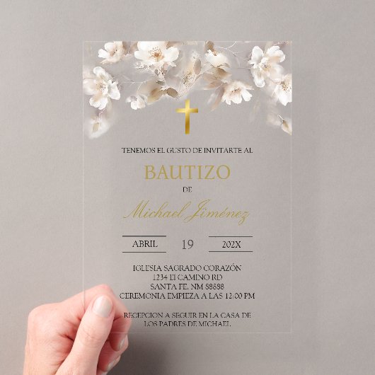 Invitation de baptême espagnol floral blanc beige (In situ (ordinateur de poche))