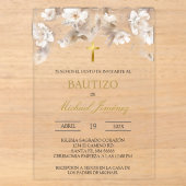 Invitation de baptême espagnol floral blanc beige (Recto)