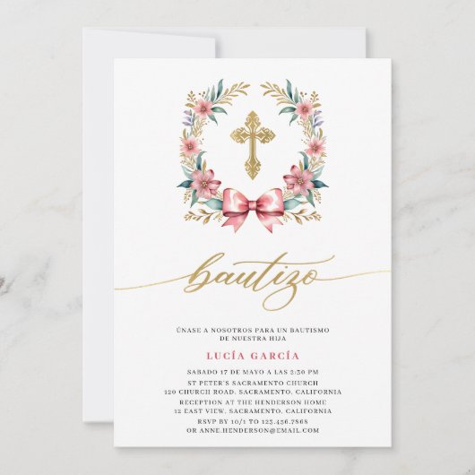 Invitation De Baptême Espagnol Rose Et Or (Devant)