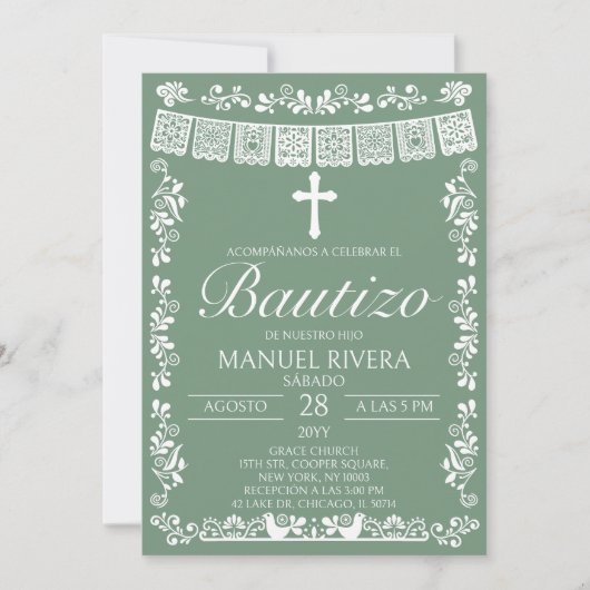Invitation de baptême espagnol Sage Green Papel Pi (Devant)