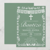 Invitation de baptême espagnol Sage Green Papel Pi (Devant / Derrière)