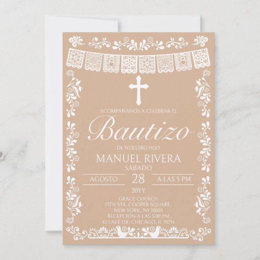 Invitation de baptême espagnole Beige Papel Picado (Devant)