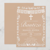 Invitation de baptême espagnole Beige Papel Picado (Devant / Derrière)