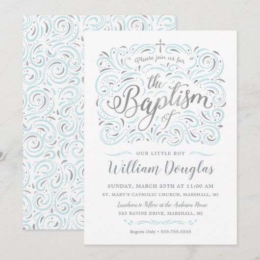 Invitation de baptême Faux Silver Boy (Devant / Derrière)