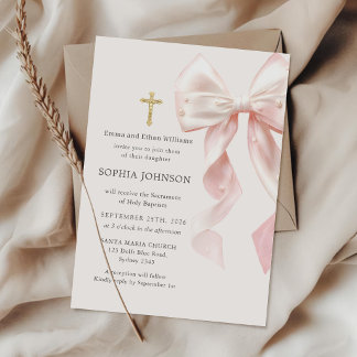 Invitation de baptême fille à ruban rose