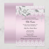 Invitation de baptême fille avec ruban rose et cro (Devant / Derrière)