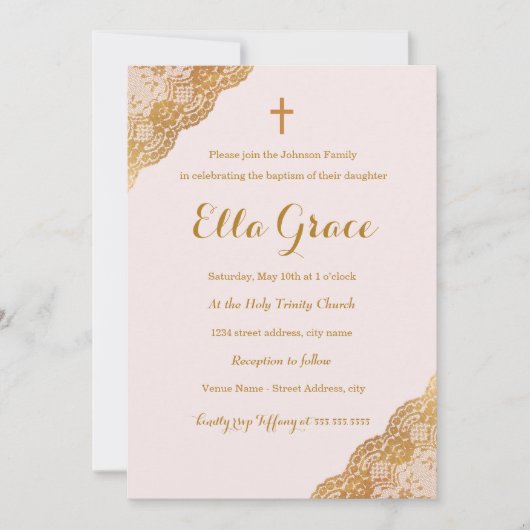 Invitation de baptême Fille Dentelle Or Rose + (Devant)