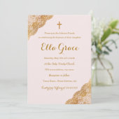 Invitation de baptême Fille Dentelle Or Rose + (Debout devant)