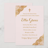 Invitation de baptême Fille Dentelle Or Rose + (Devant / Derrière)