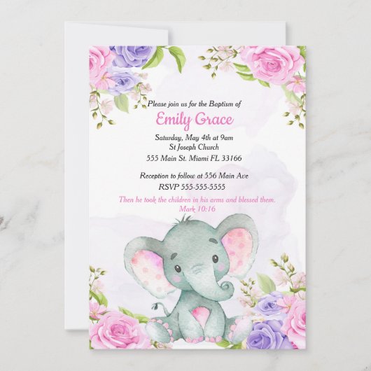 Invitation de baptême fille éléphant aquarelle flo (Devant)