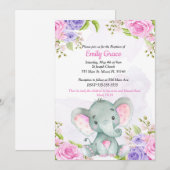 Invitation de baptême fille éléphant aquarelle flo (Devant / Derrière)