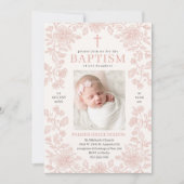 Invitation de baptême fille fleurs roses (Devant)