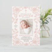 Invitation de baptême fille fleurs roses (Debout devant)