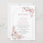 Invitation de baptême fille modèle rose bohème (Devant)