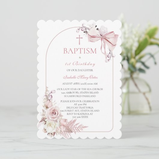 Invitation de baptême fille modèle rose bohème (Debout devant)