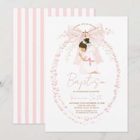 Invitation de baptême fille perles rose (Devant / Derrière)