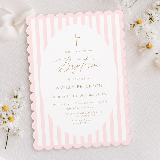 Invitation de baptême fille rayures roses