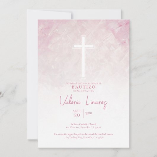 Invitation de Baptême Fille Rose (Devant)