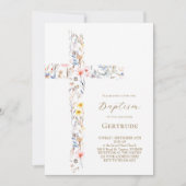 Invitation de baptême fleurs aquarelle croix (Devant)