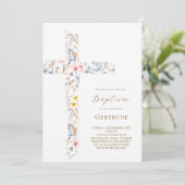 Invitation de baptême fleurs aquarelle croix (Debout devant)