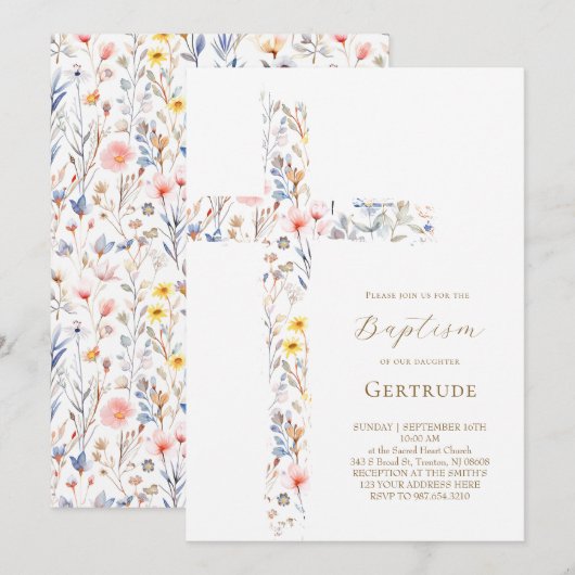 Invitation de baptême fleurs aquarelle croix (Devant / Derrière)