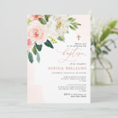Invitation de baptême Fleurs de rose rose blush (Debout devant)