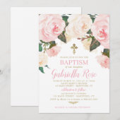 Invitation de baptême | Fleurs roses dorées (Devant / Derrière)